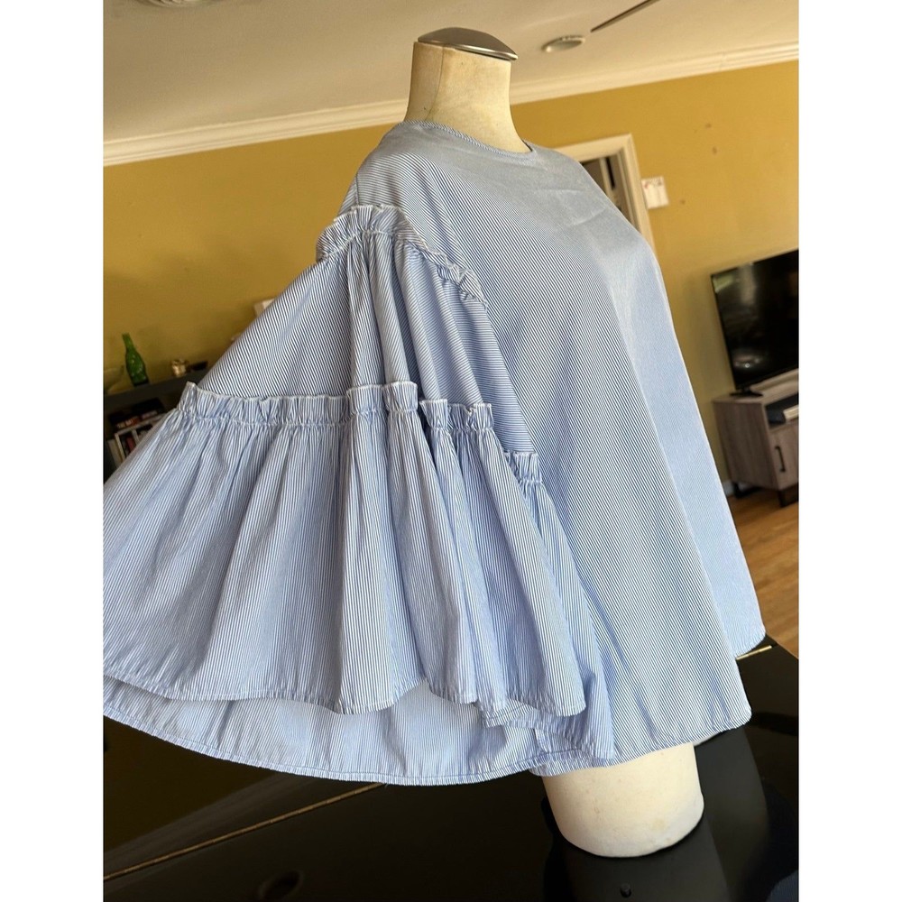 dRA Los Angeles Blue & White Striped Statement Ruffle Bell Sleeve Blouse Anthro